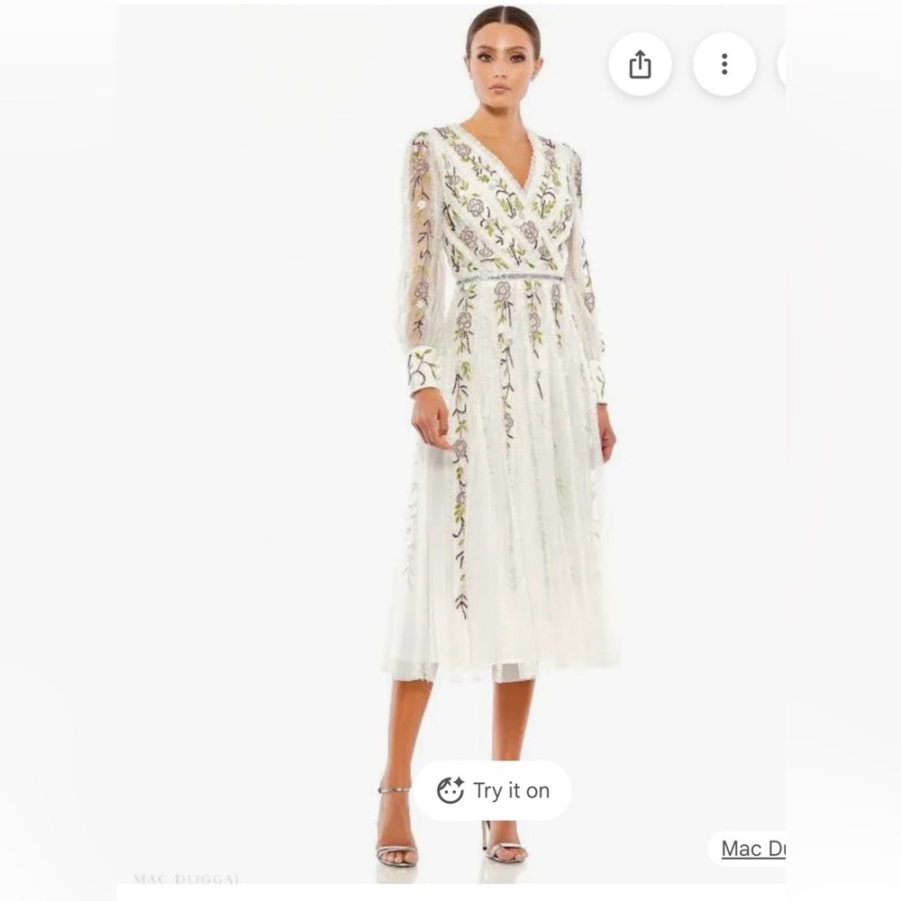 Mac Duggal Ivory Long Sleeve Embroidered Dress